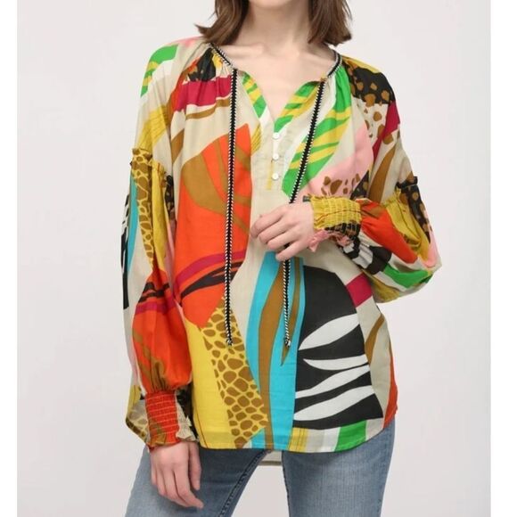 Fate Cotton Half Button Colorful Patterned Tie Blouse - Picture 2 of 11